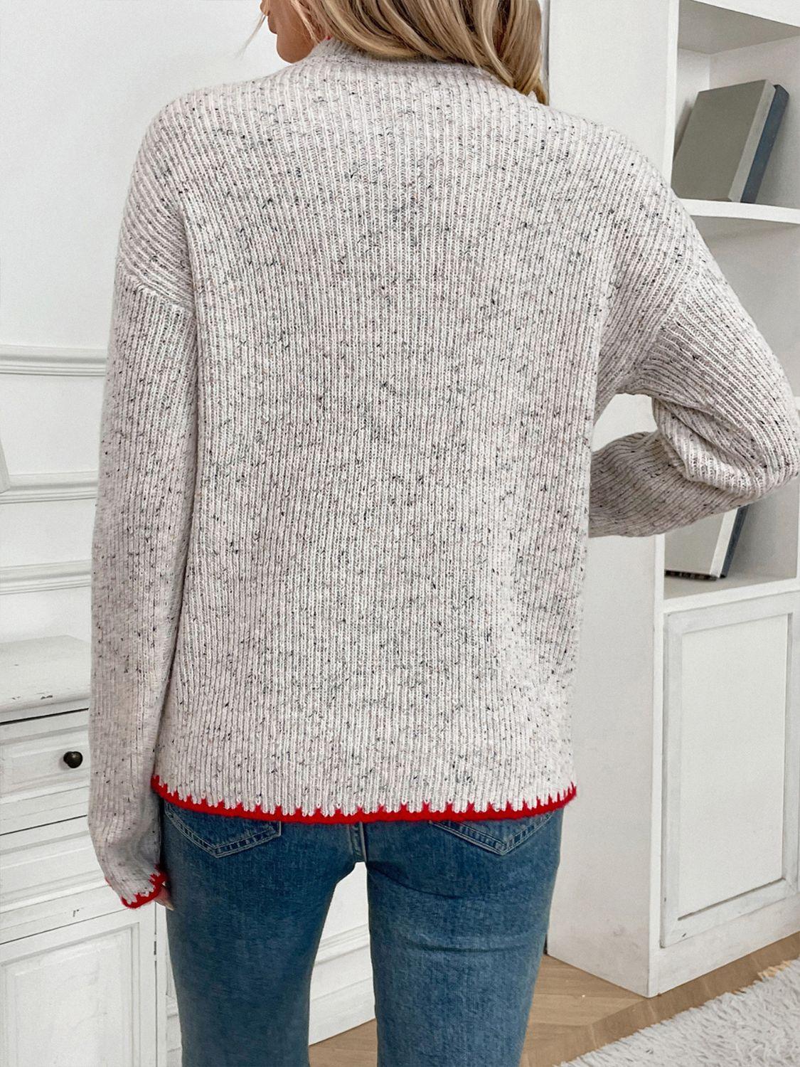 Perfee Contrast Heart Round Neck Long Sleeve Sweater - Clothes For Her Online Store