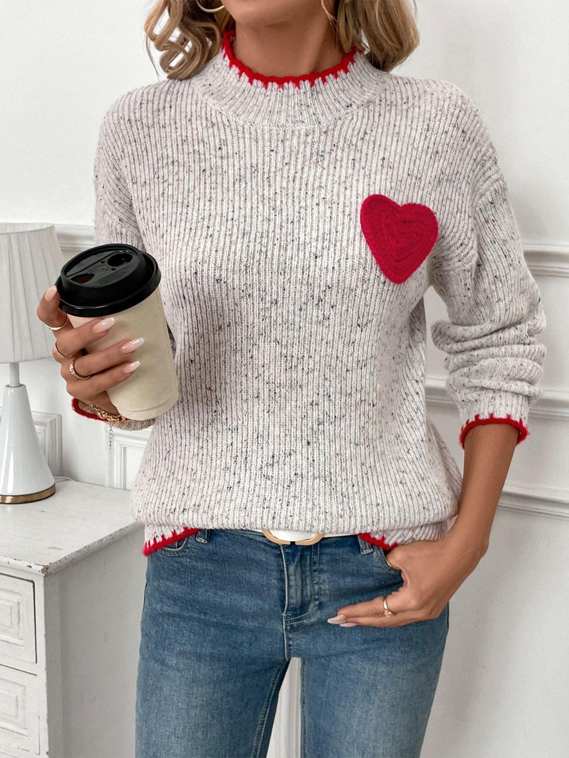 Perfee Contrast Heart Round Neck Long Sleeve Sweater - Clothes For Her Online Store
