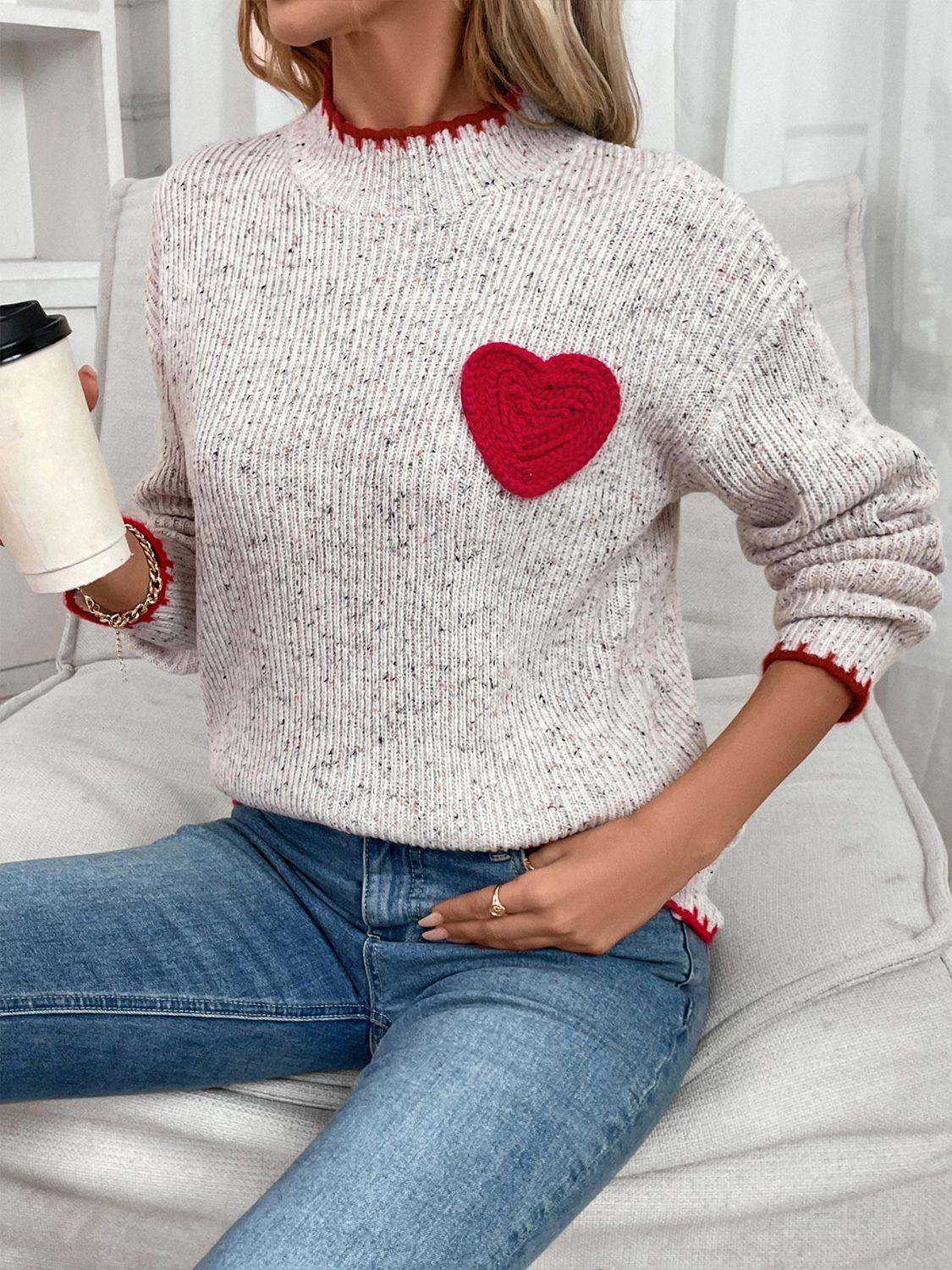 Perfee Contrast Heart Round Neck Long Sleeve Sweater - Clothes For Her Online Store