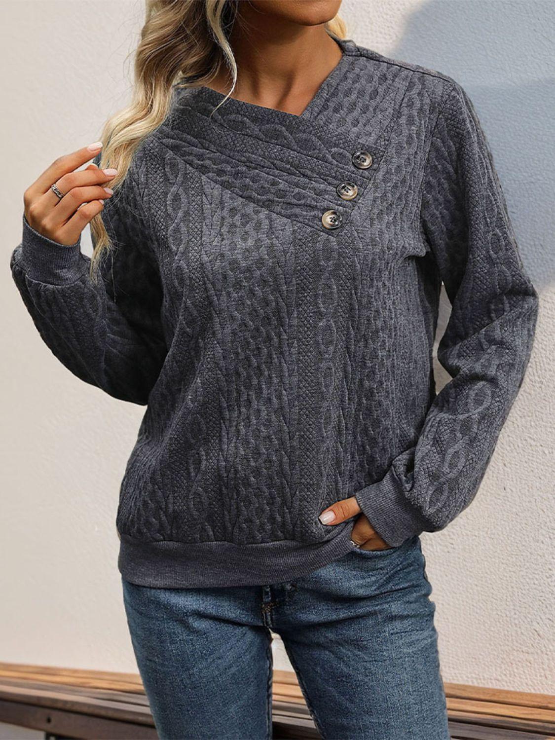 Perfee Decorative Button Long Sleeve Sweatshirt - Clothes For Her Online Store