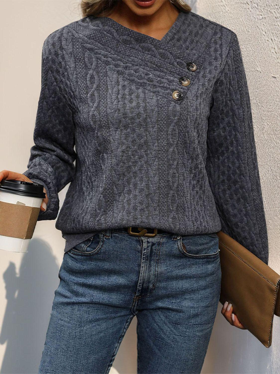 Perfee Decorative Button Long Sleeve Sweatshirt - Clothes For Her Online Store