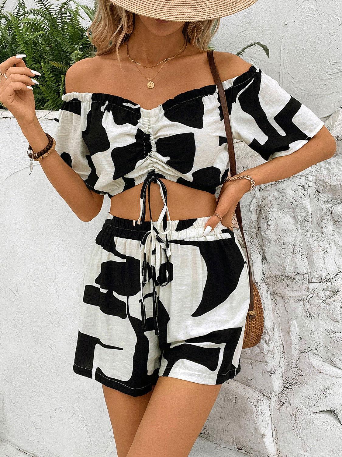 Perfee Drawstring Off-Shoulder Top and Shorts Set - Clothes For Her Online Store