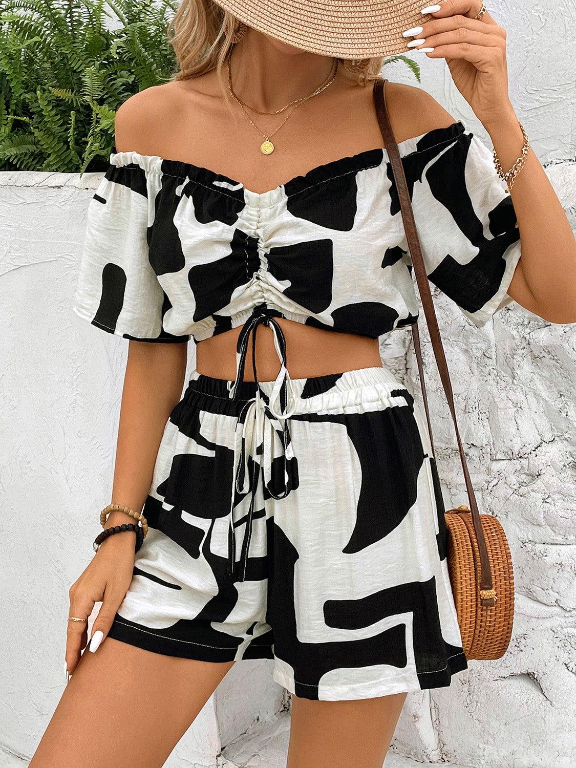 Perfee Drawstring Off-Shoulder Top and Shorts Set - Clothes For Her Online Store