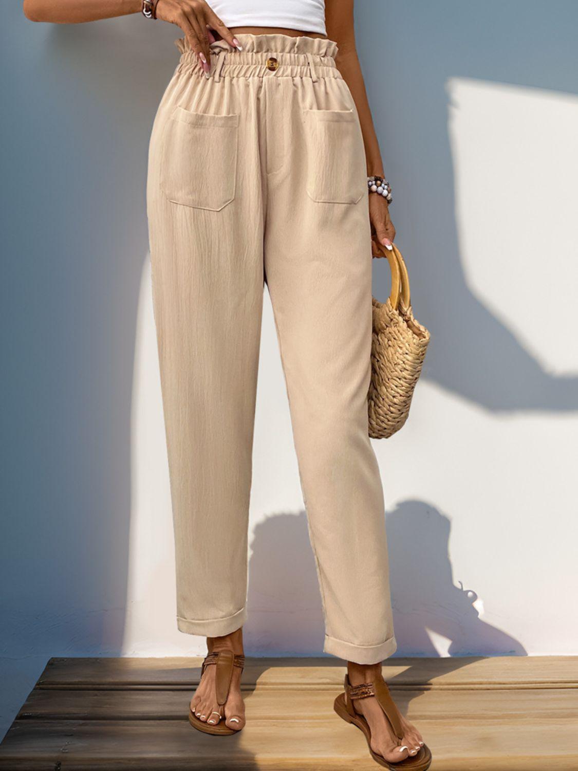 Perfee Frill High Waist Pants with Pockets - Clothes For Her Online Store