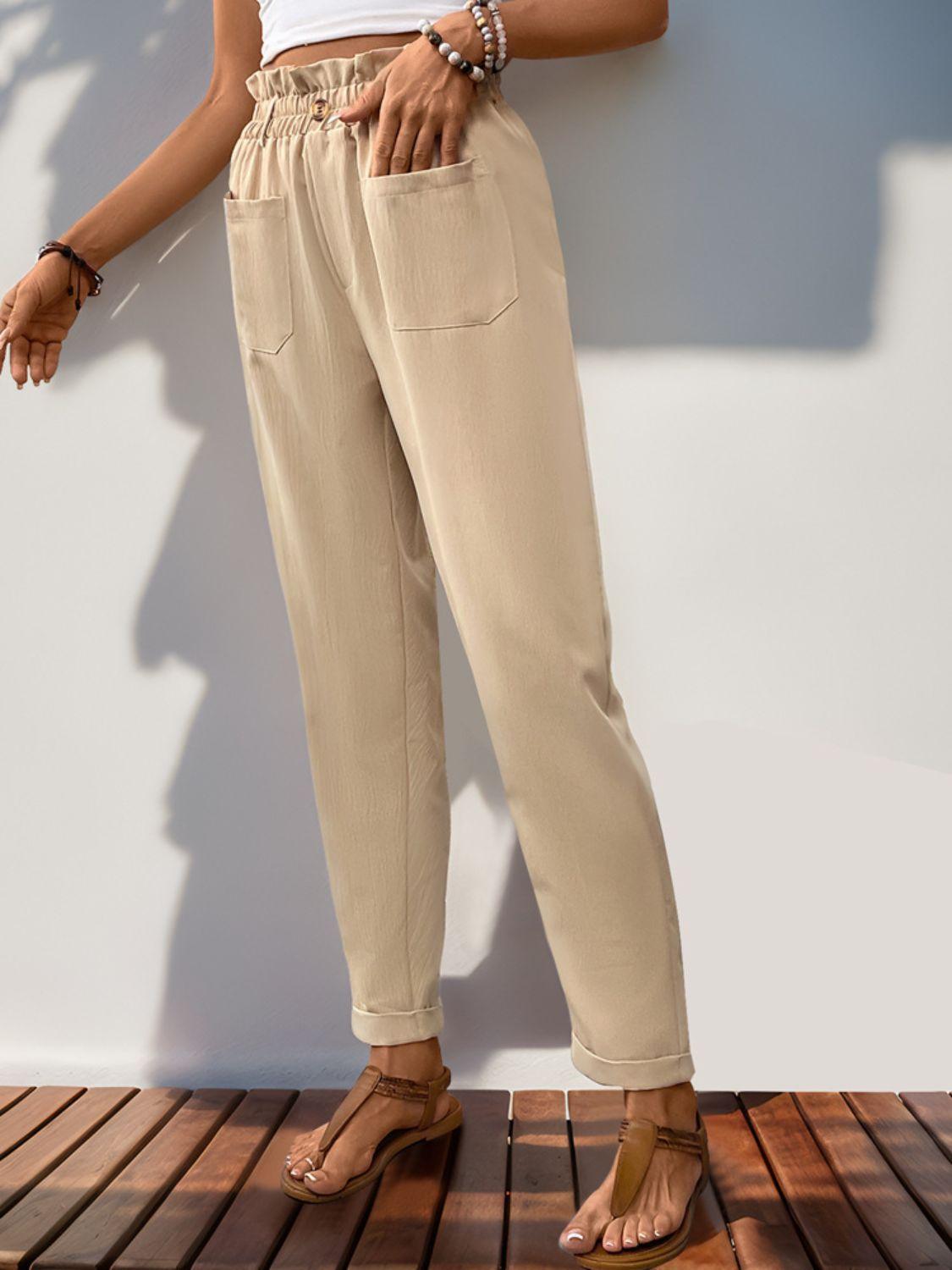 Perfee Frill High Waist Pants with Pockets - Clothes For Her Online Store