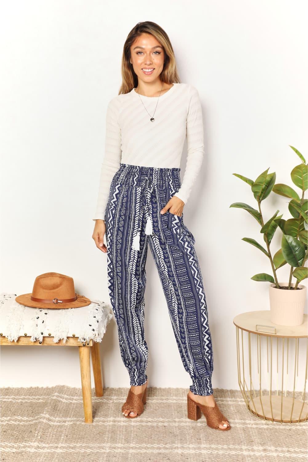 Perfee Geometric Print Tassel High-Rise Pants - Clothes For Her Online Store