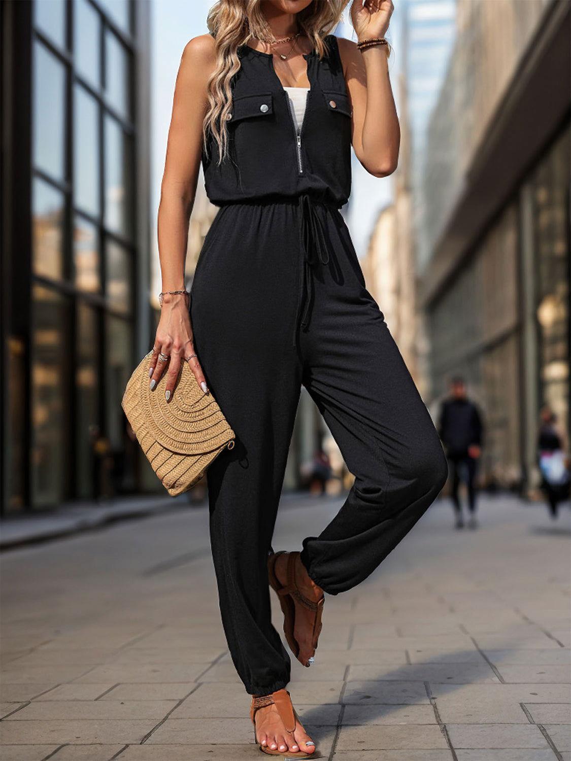 Perfee Half Zip Sleeveless Jumpsuit with Pockets - Clothes For Her Online Store