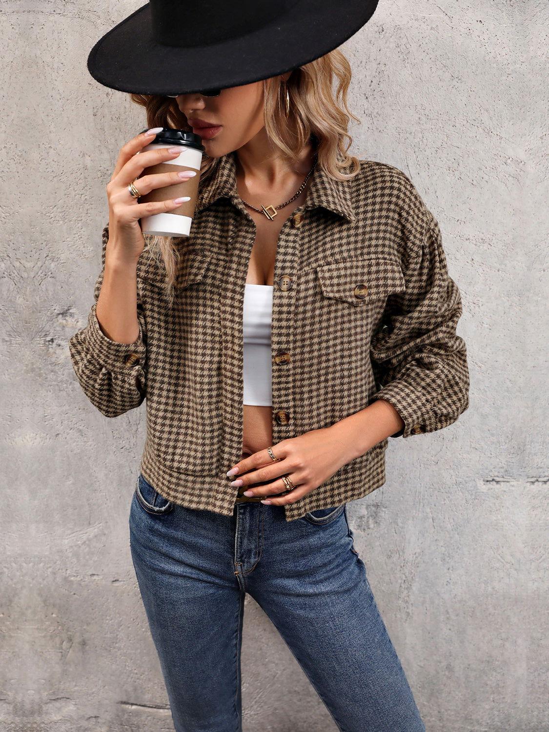 Perfee Houndstooth Collared Neck Button Up Jacket - Clothes For Her Online Store