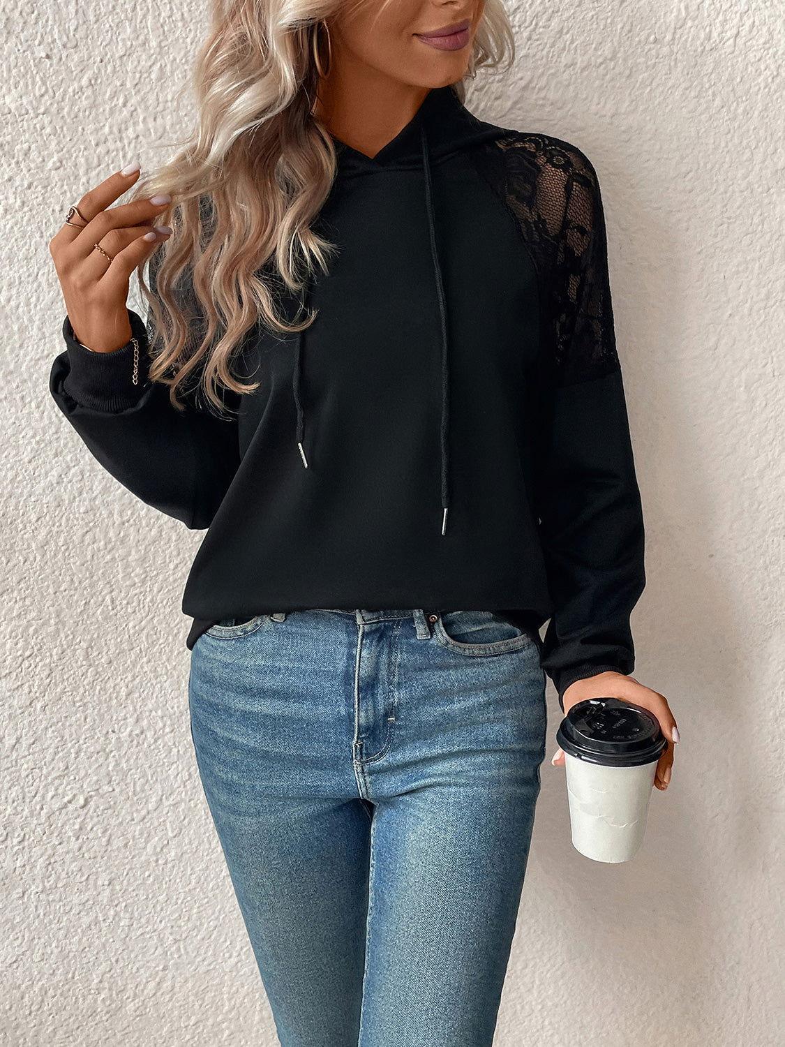 Perfee Lace Detail Drawstring Long Sleeve Hoodie - Clothes For Her Online Store