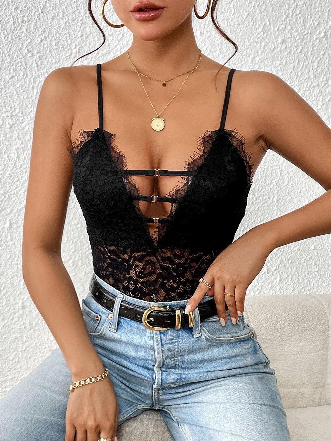 Perfee Lace Plunge Spaghetti Strap Bodysuit - Clothes For Her Online Store