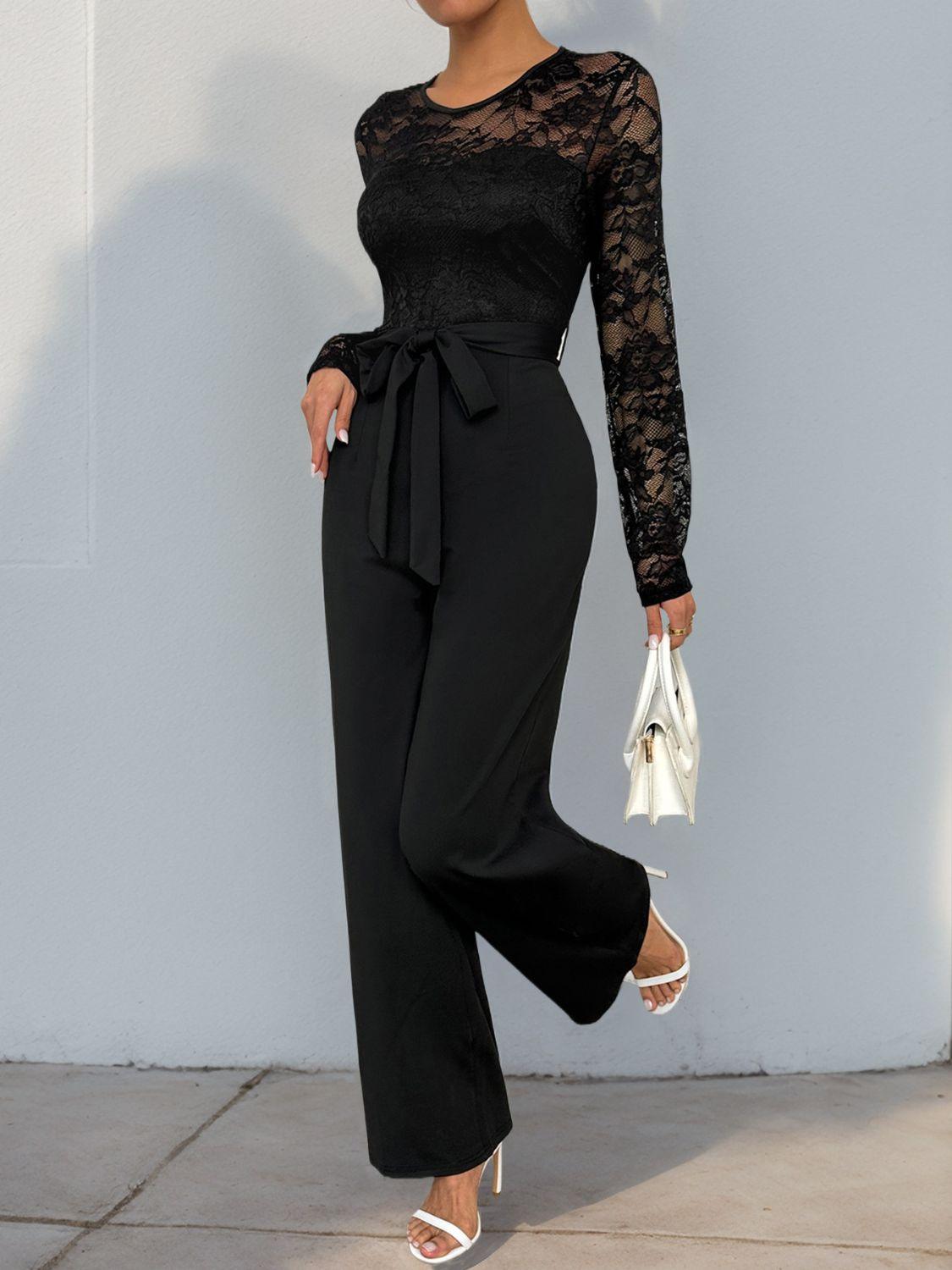Perfee Lace Round Neck Long Sleeve Jumpsuit - Clothes For Her Online Store