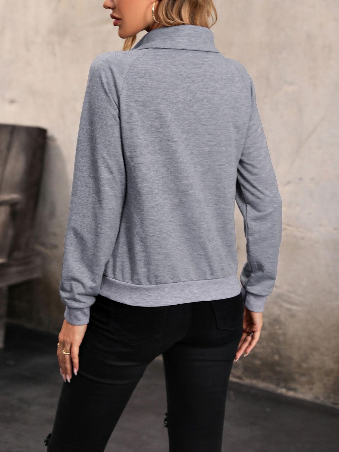 Perfee Mock Neck Raglan Sleeve Buttoned Sweatshirt - Clothes For Her Online Store