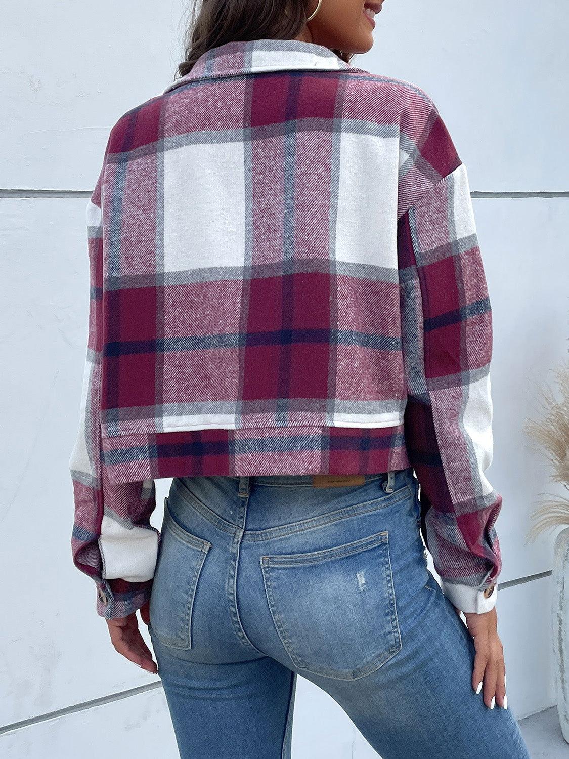 Perfee Plaid Button Up Drop Shoulder Cropped Jacket - Clothes For Her Online Store