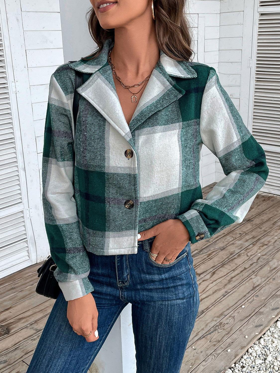 Perfee Plaid Collared Neck Button Up Long Sleeve Jacket - Clothes For Her Online Store