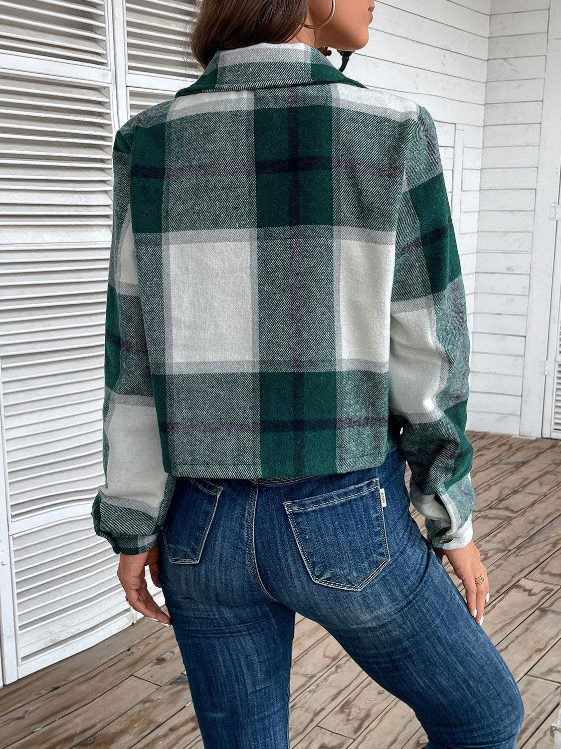 Perfee Plaid Collared Neck Button Up Long Sleeve Jacket - Clothes For Her Online Store
