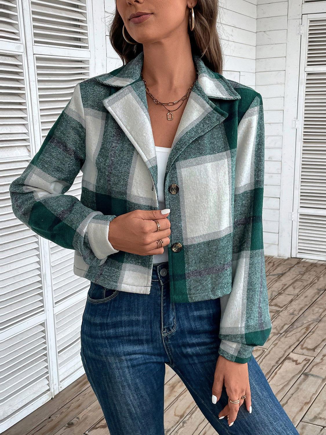 Perfee Plaid Collared Neck Button Up Long Sleeve Jacket - Clothes For Her Online Store