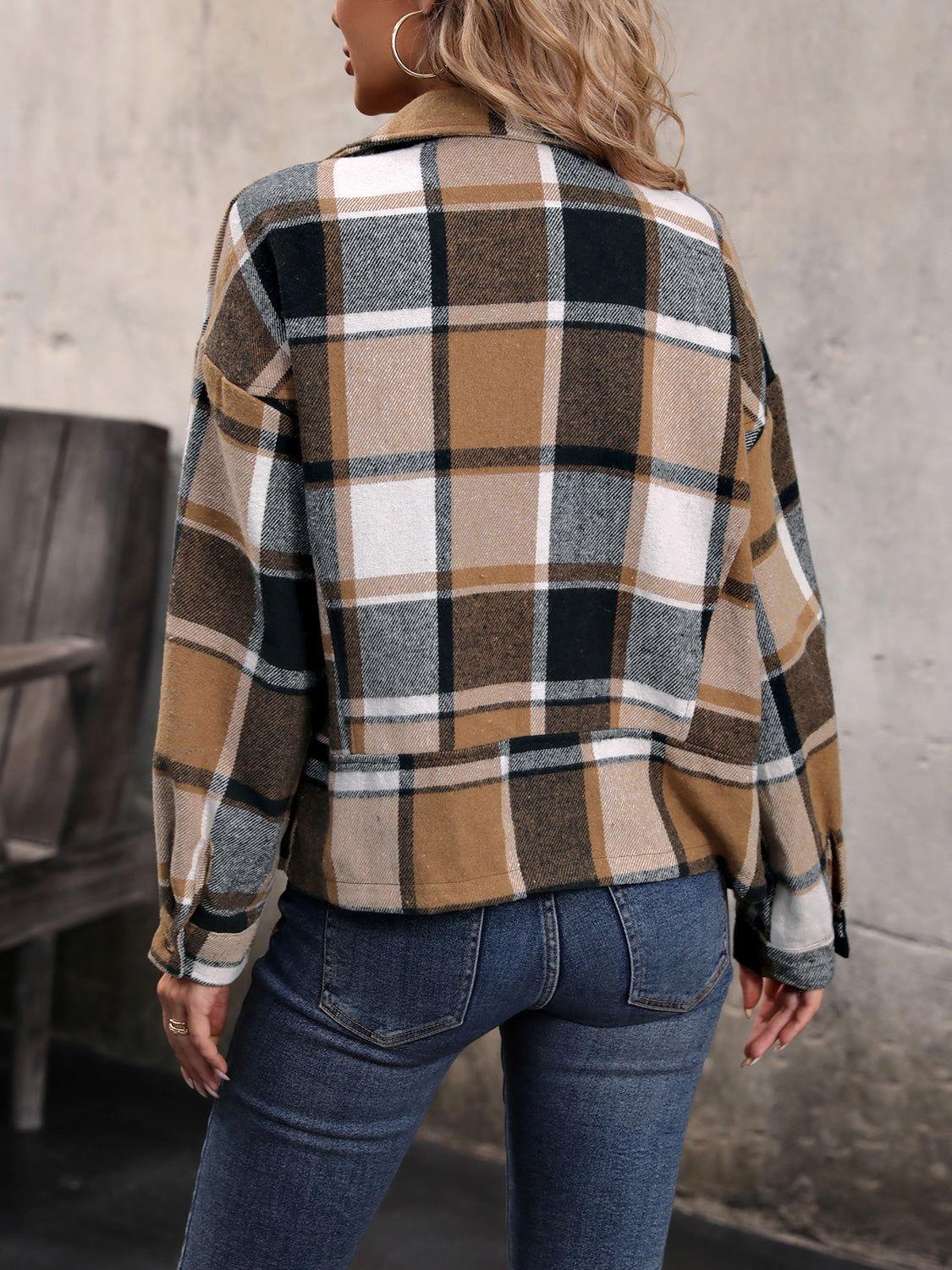 Perfee Plaid Collared Neck Long Sleeve Jacket - Clothes For Her Online Store