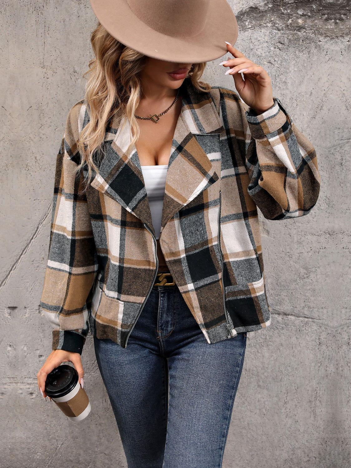 Perfee Plaid Collared Neck Long Sleeve Jacket - Clothes For Her Online Store