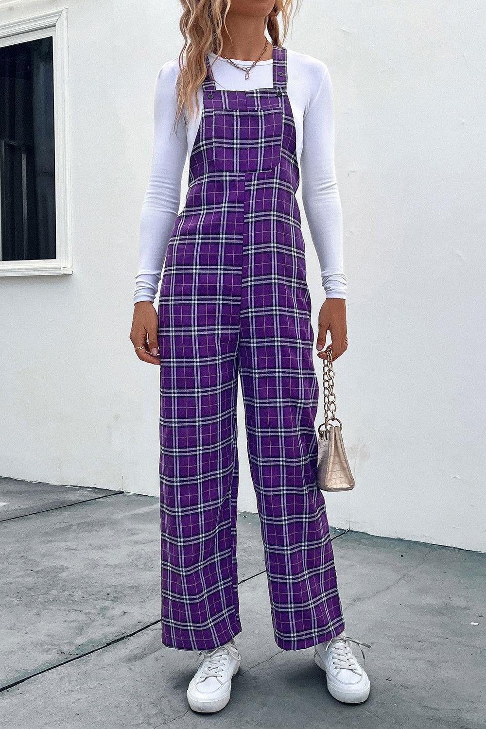 Perfee Plaid Straight Leg Overalls - Clothes For Her Online Store