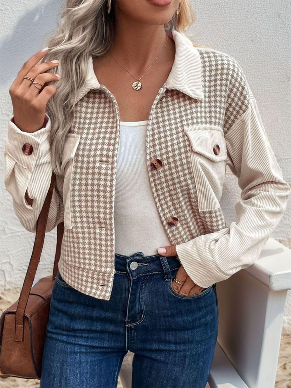 Perfee Pocketed Houndstooth Long Sleeve Jacket - Clothes For Her Online Store