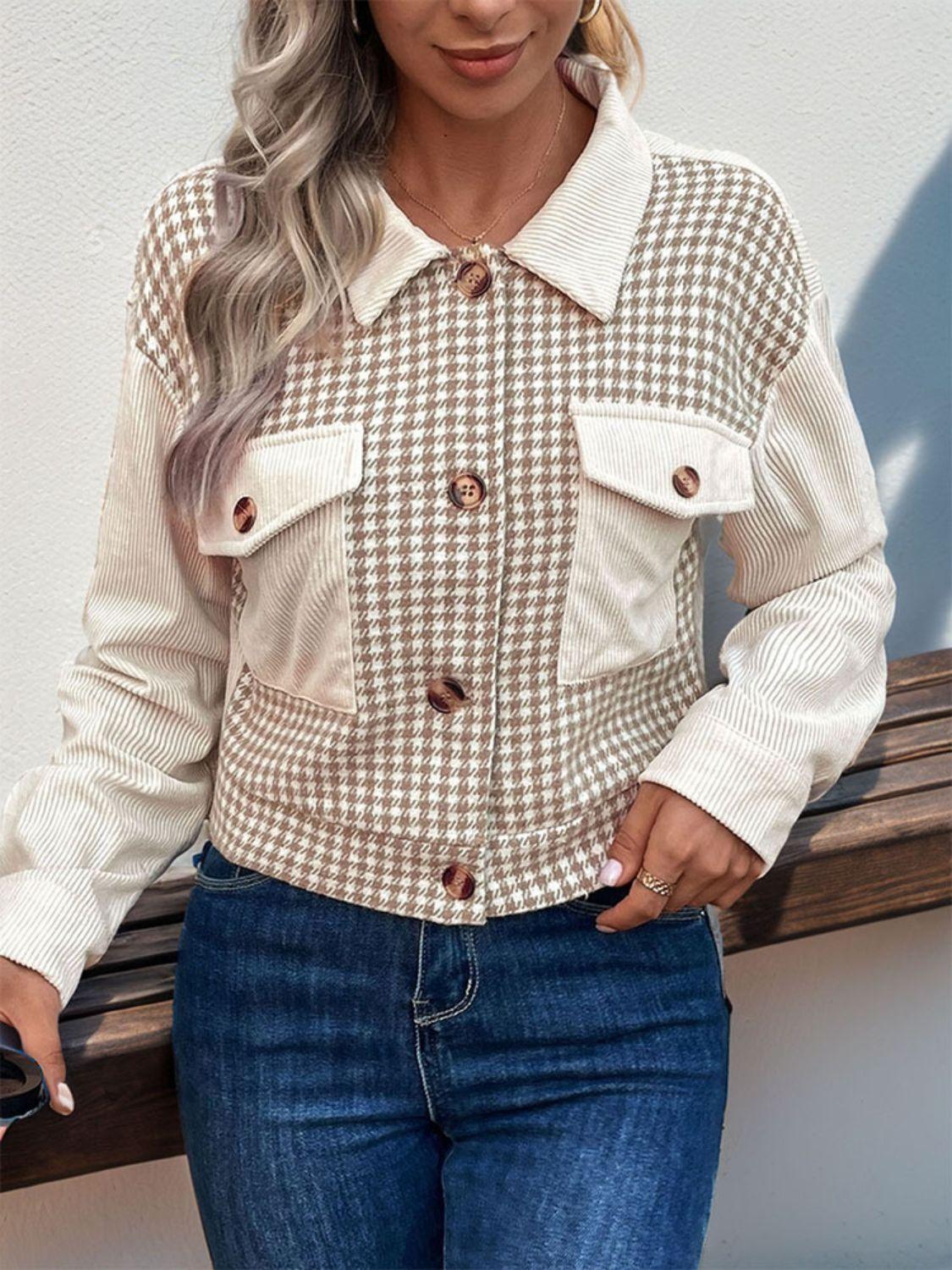 Perfee Pocketed Houndstooth Long Sleeve Jacket - Clothes For Her Online Store
