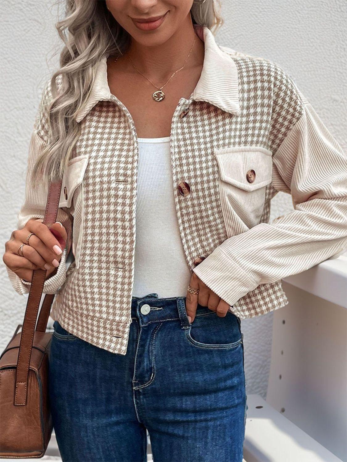 Perfee Pocketed Houndstooth Long Sleeve Jacket - Clothes For Her Online Store