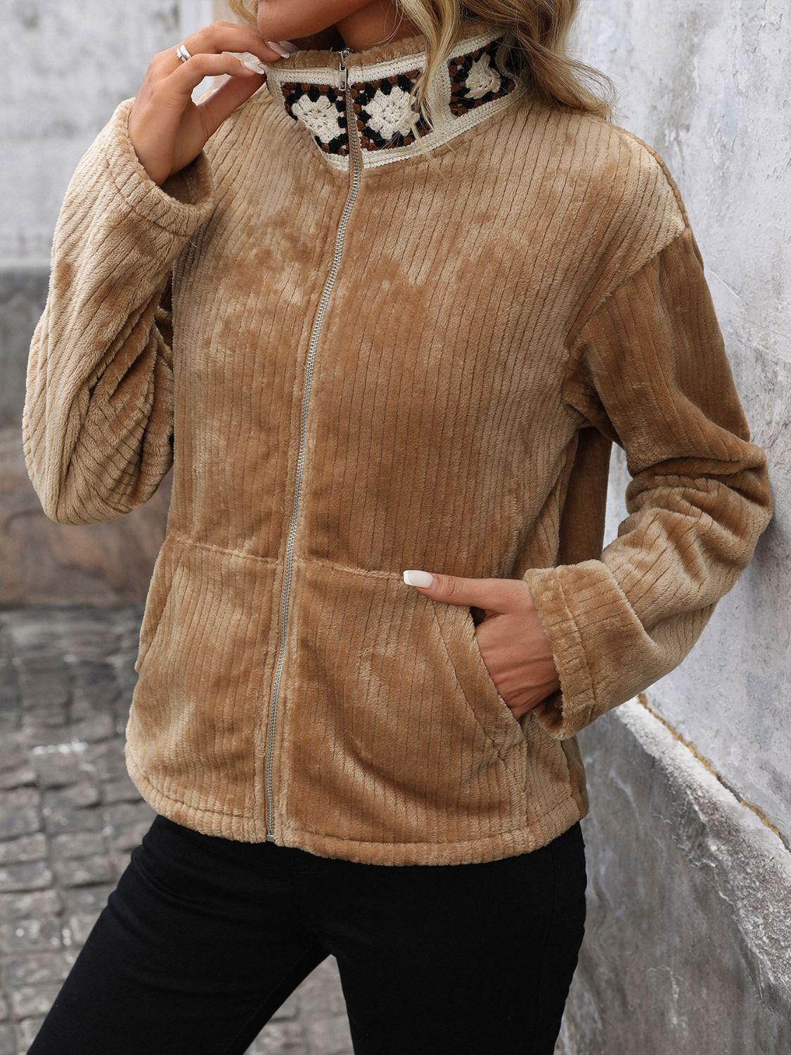 Perfee Pocketed Zip Up Collared Neck Long Sleeve Jacket - Clothes For Her Online Store