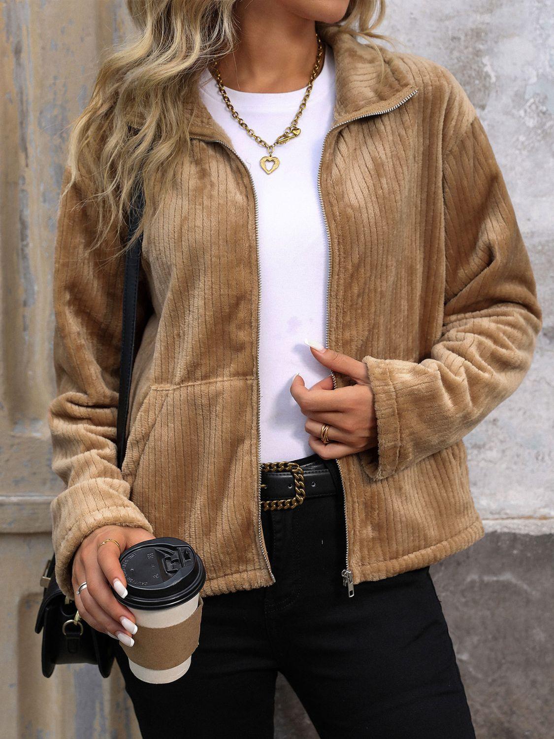 Perfee Pocketed Zip Up Collared Neck Long Sleeve Jacket - Clothes For Her Online Store