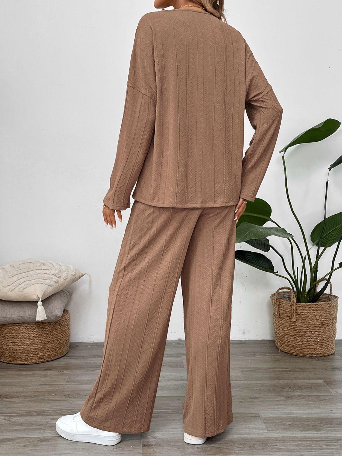 Perfee Quarter Button Long Sleeve Top and Pants Set - Clothes For Her Online Store