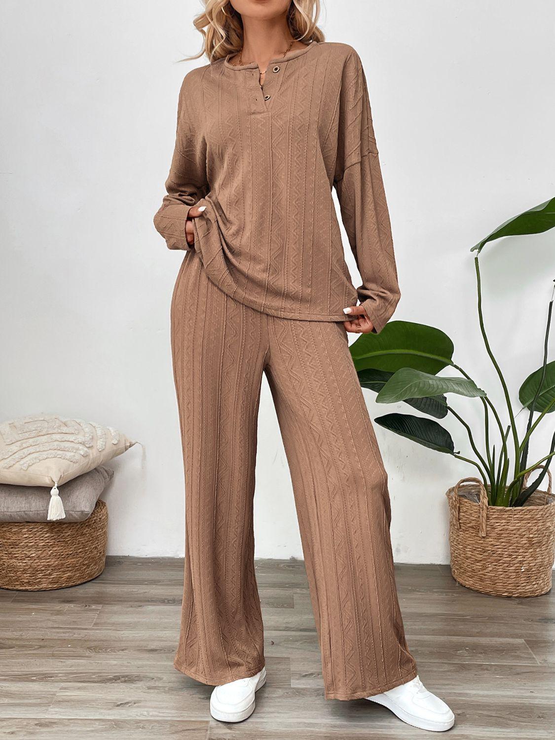 Perfee Quarter Button Long Sleeve Top and Pants Set - Clothes For Her Online Store