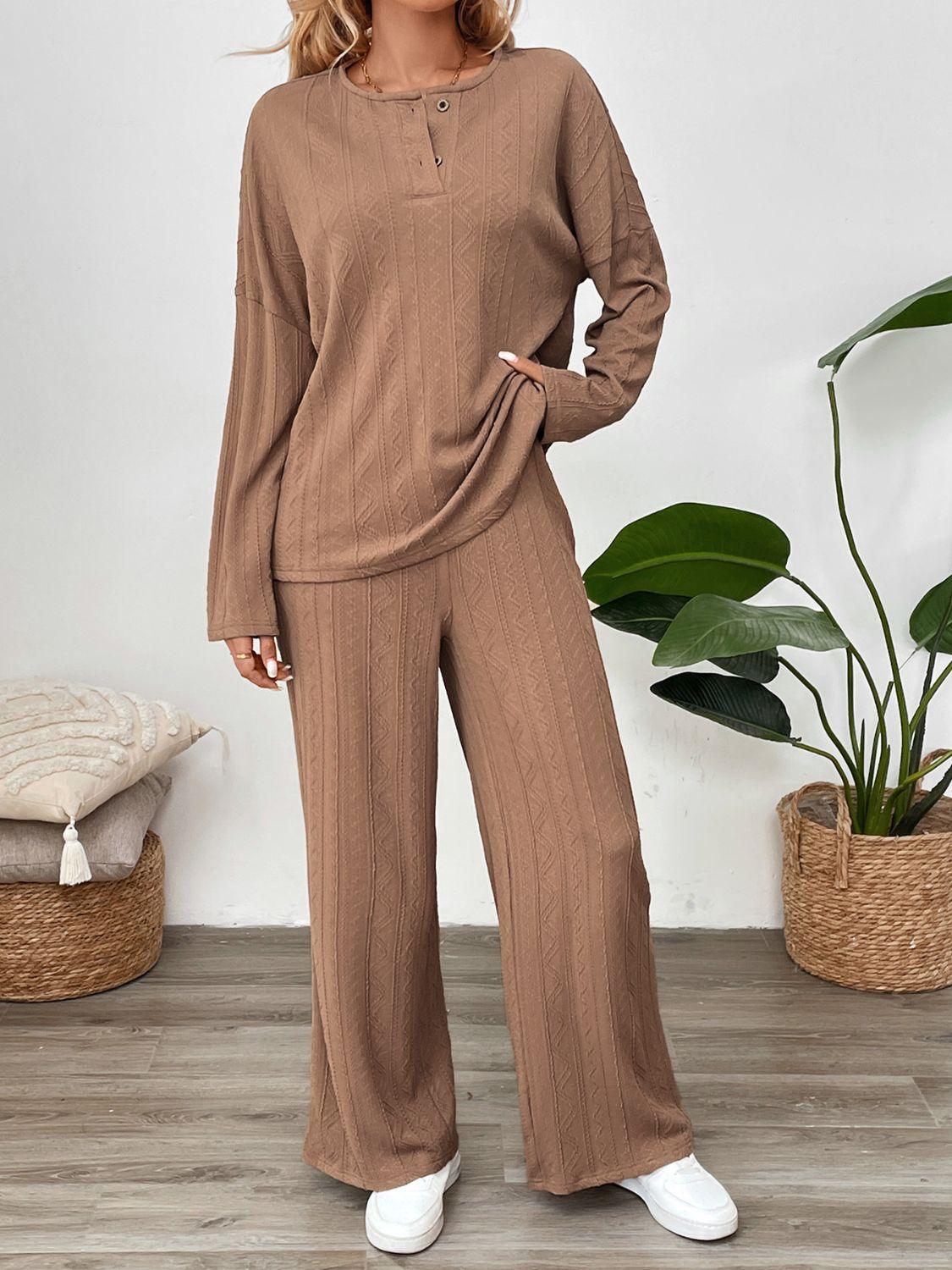 Perfee Quarter Button Long Sleeve Top and Pants Set - Clothes For Her Online Store
