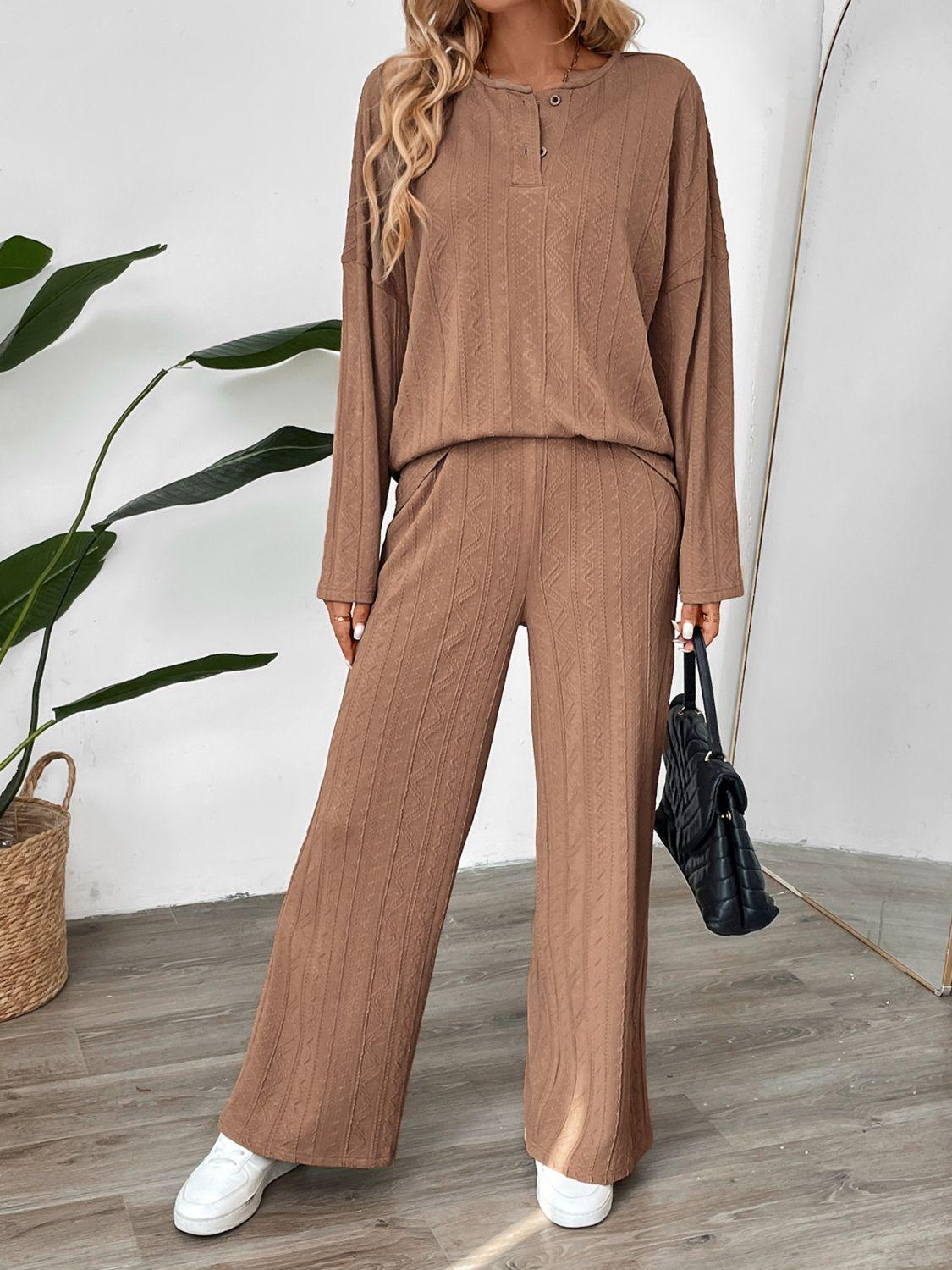 Perfee Quarter Button Long Sleeve Top and Pants Set - Clothes For Her Online Store