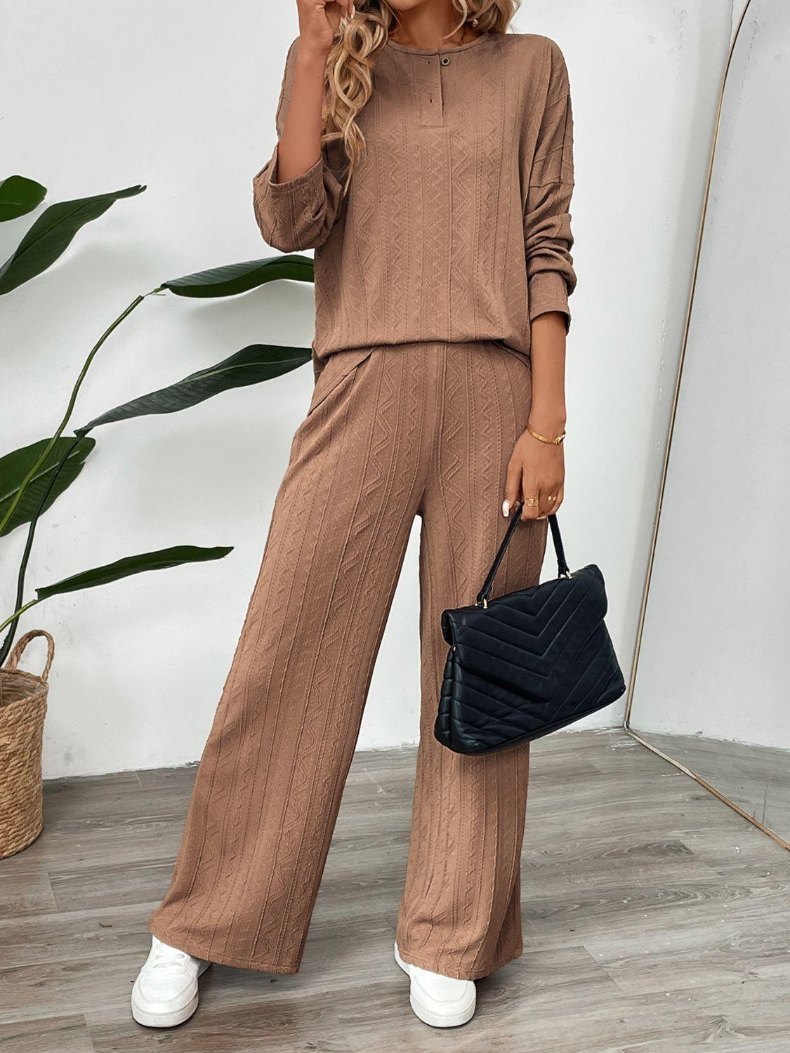 Perfee Quarter Button Long Sleeve Top and Pants Set - Clothes For Her Online Store