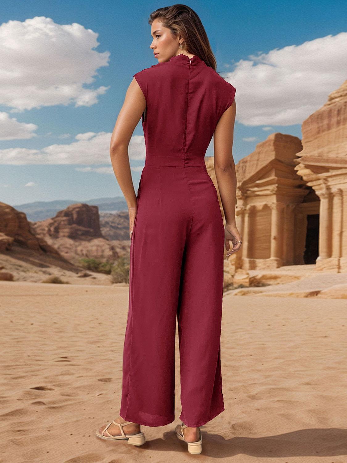 Perfee Ruched Mock Neck Sleeveless Jumpsuit - Clothes For Her Online Store