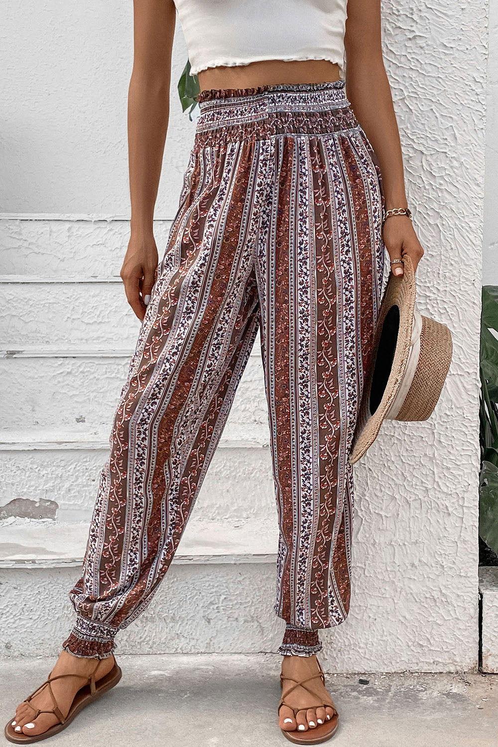Perfee Smocked Printed High Waist Pants - Clothes For Her Online Store