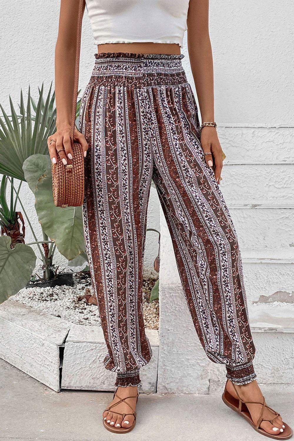 Perfee Smocked Printed High Waist Pants - Clothes For Her Online Store