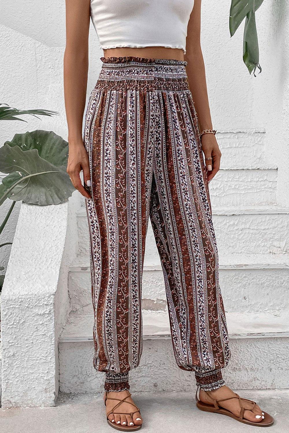 Perfee Smocked Printed High Waist Pants - Clothes For Her Online Store