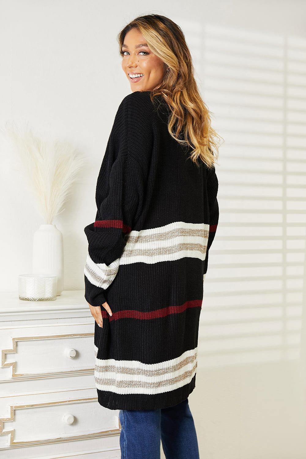 Perfee Striped Rib-Knit Drop Shoulder Open Front Cardigan - Clothes For Her Online Store