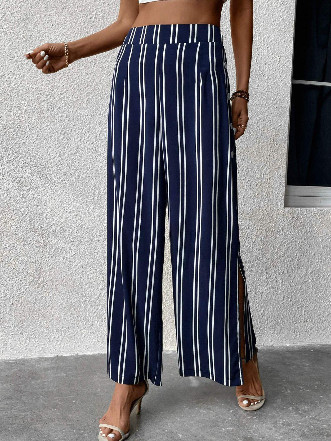 Perfee Striped Slit Wide Leg Pants - Clothes For Her Online Store