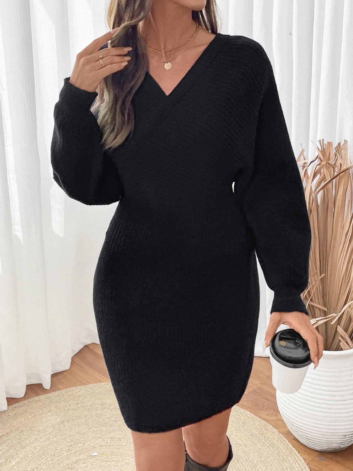 Perfee Surplice Long Sleeve Sweater Dress - Clothes For Her Online Store