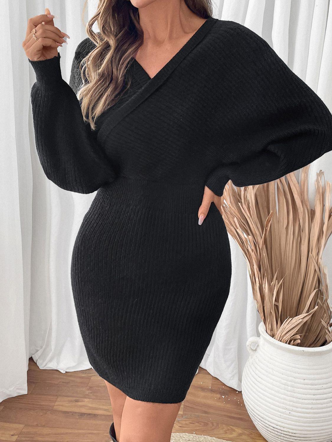 Perfee Surplice Long Sleeve Sweater Dress - Clothes For Her Online Store
