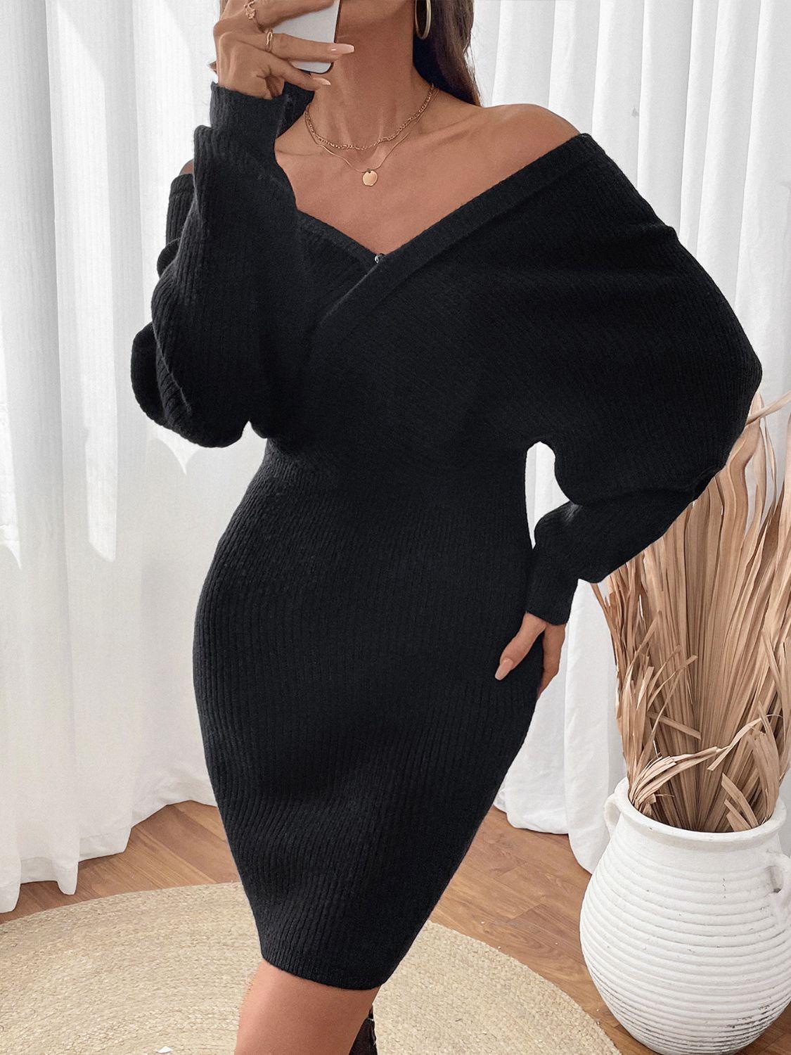 Perfee Surplice Long Sleeve Sweater Dress - Clothes For Her Online Store