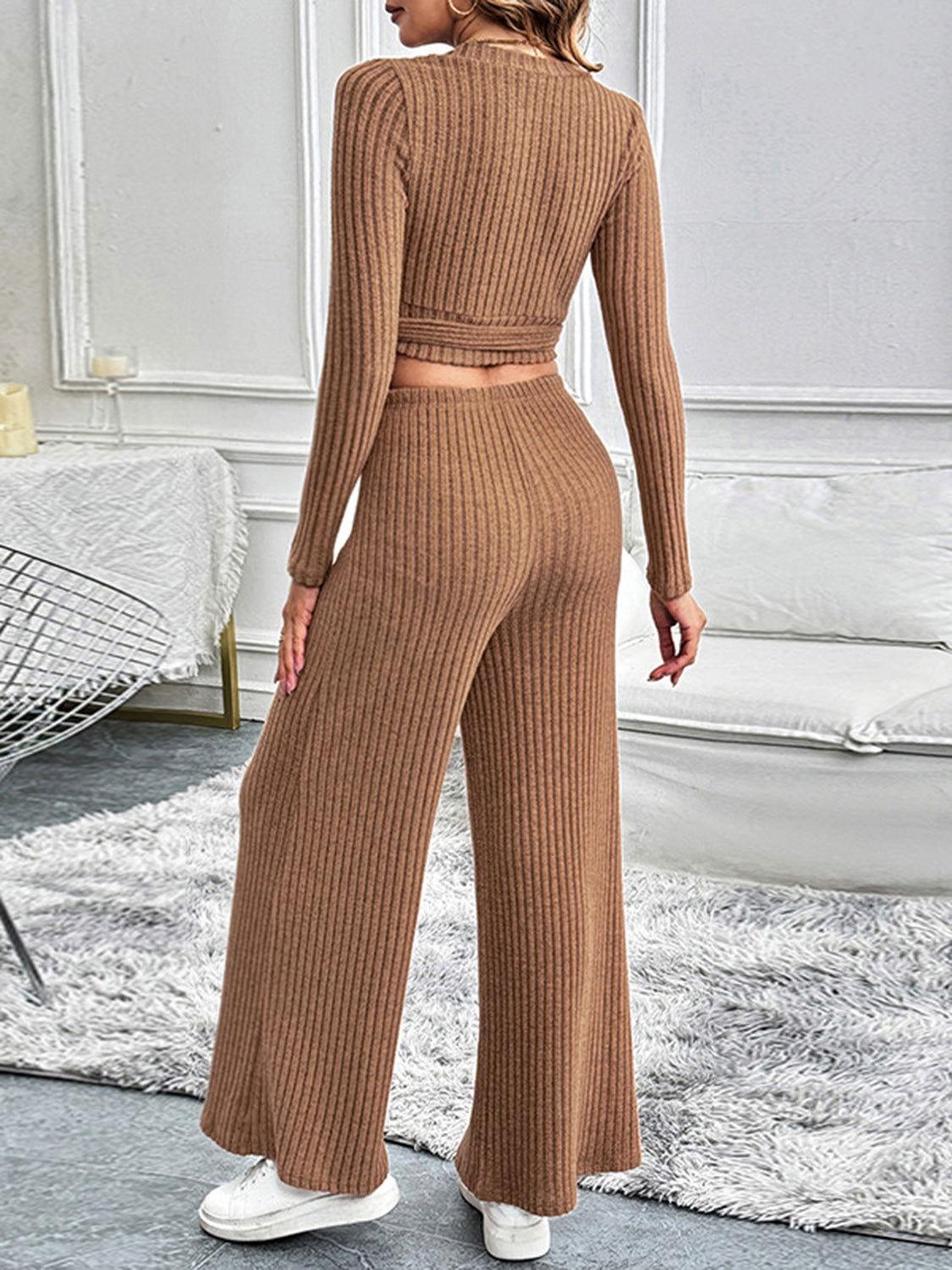 Perfee Surplice Long Sleeve Top and Pants Set - Clothes For Her Online Store