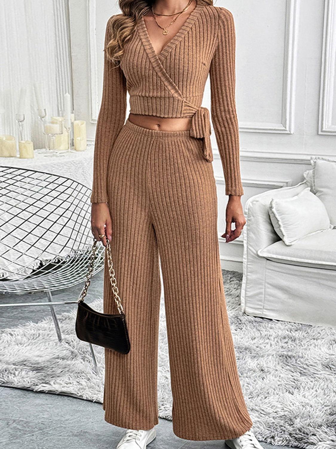 Perfee Surplice Long Sleeve Top and Pants Set - Clothes For Her Online Store