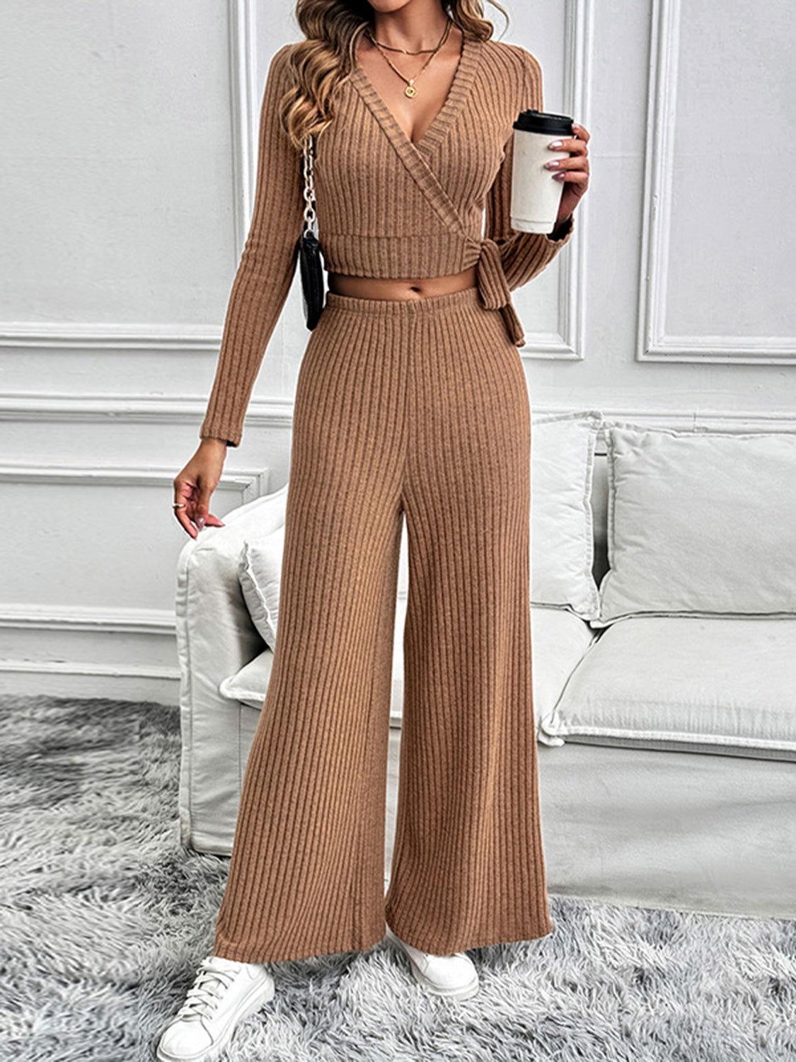 Perfee Surplice Long Sleeve Top and Pants Set - Clothes For Her Online Store