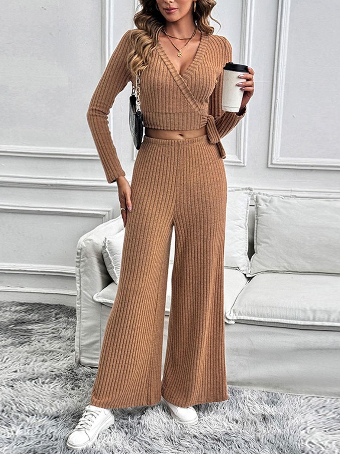 Perfee Surplice Long Sleeve Top and Pants Set - Clothes For Her Online Store