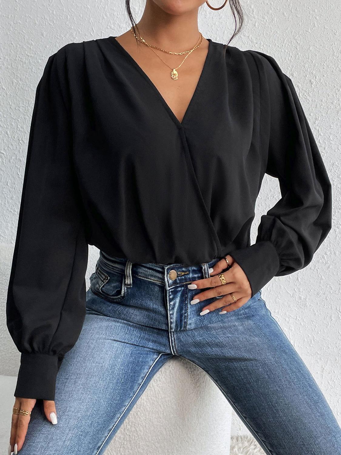 Perfee Surplice Ruched Long Sleeve Bodysuit - Clothes For Her Online Store