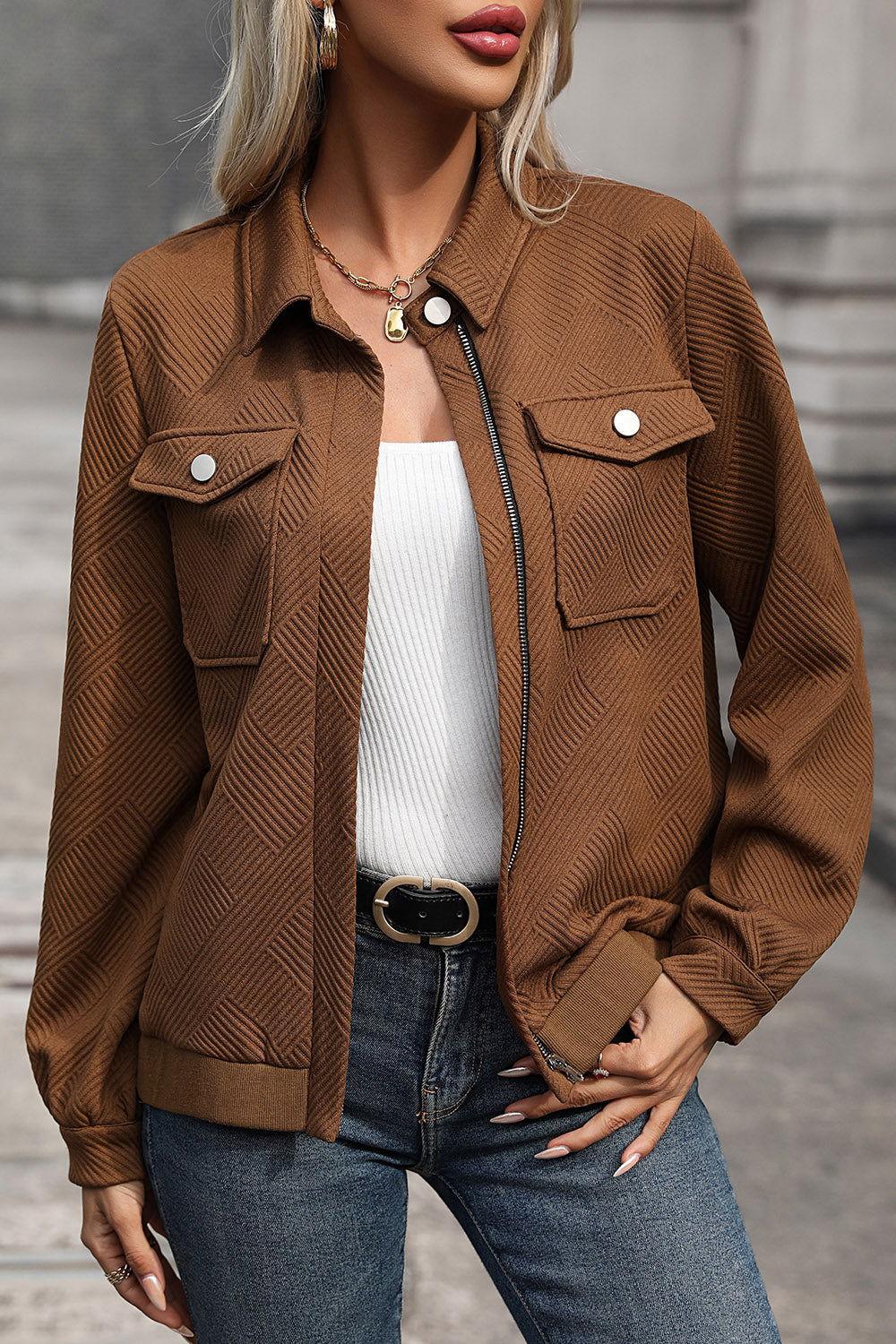 Perfee Textured Zip Up Collared Neck Jacket - Clothes For Her Online Store