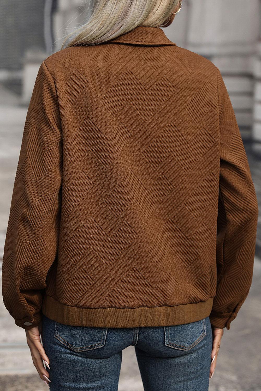 Perfee Textured Zip Up Collared Neck Jacket - Clothes For Her Online Store