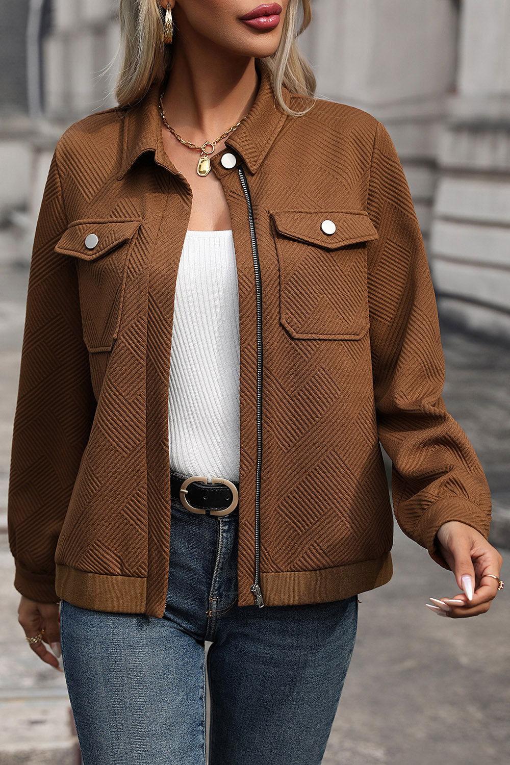 Perfee Textured Zip Up Collared Neck Jacket - Clothes For Her Online Store